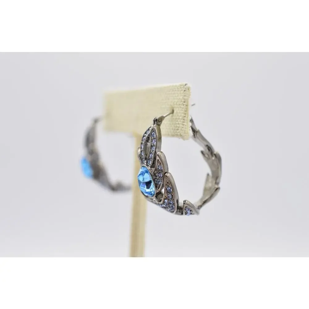 Givenchy Vintage Crystal Earrings Peacock Rhinestone Blue Hoop Signed 1980s BinC